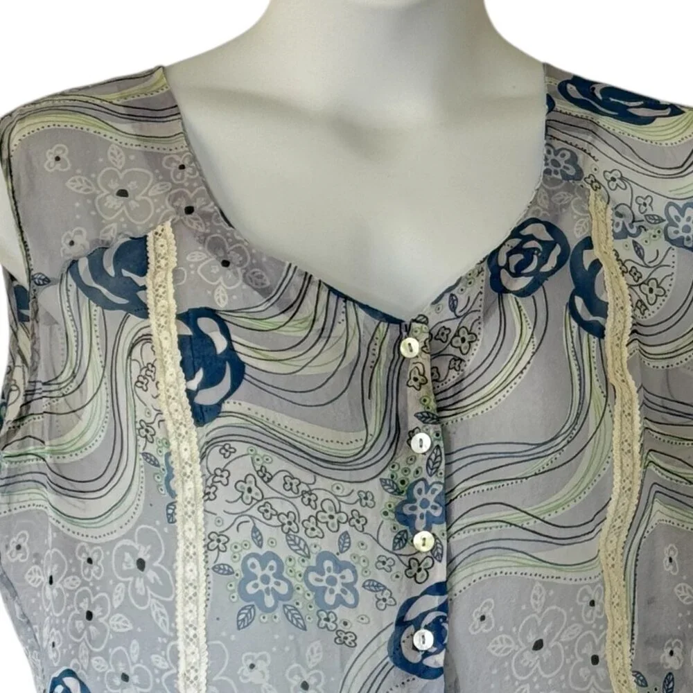 Tess Silk Vintage Top Button Front Sleeveless Lace Detail Peplum Blue White XL - Picture 2 of 5